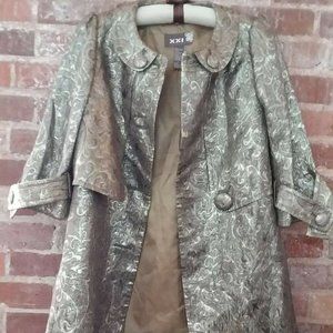 XXI Gold Cotton Metallic Blend Jacquard Print Dressy Pea Coat Jacket Women Sz L